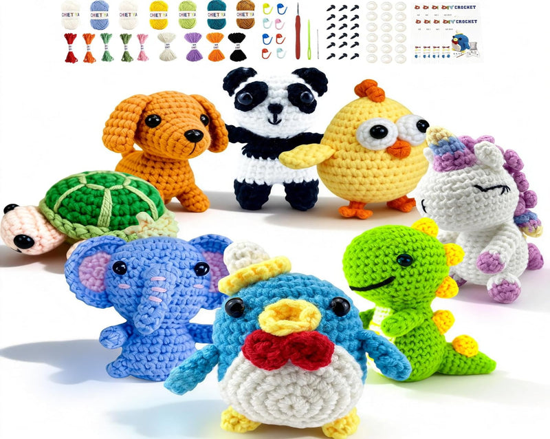 Cosminy 8Pcs Crochet Kit for Beginners, DIY Craft for Adults and Kids, Great Gift for Crochet Lovers, Crocheting Animal Kits with Step by Step Videos,Yarn,Crochet Hook,Birthday Holiday Gift