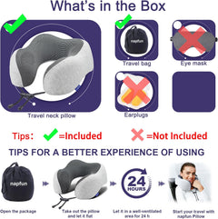 napfun Neck Pillow for Traveling, Upgraded Travel Neck Pillow for Airplane 100% Pure Memory Foam Travel Pillow for Flight Headrest Sleep, Portable Plane Accessories, Light Grey