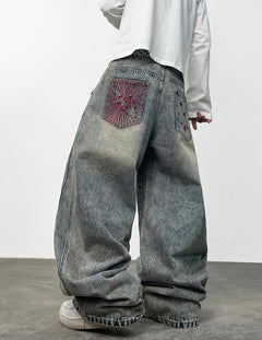 Mens Y2K Baggy Jeans Embroidery Hip Hop Wide Leg Jeans Streetwear Denim Pants