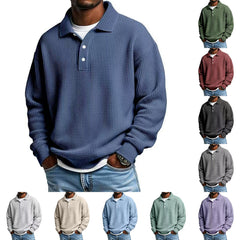 Mens Long Sleeve Polo Shirts Button Down Lapel Neck Golf Shirt Casual Relaxed Fit Midweight Textured Waffle Knit Tops