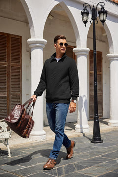 COOFANDY Mens Quarter Zip Pullover Quilted Sweatshirt Knit Long Sleeve Mock Neck Sweater Polo with Pocket
