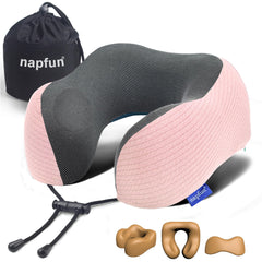 napfun Neck Pillow for Traveling, Upgraded Travel Neck Pillow for Airplane 100% Pure Memory Foam Travel Pillow for Flight Headrest Sleep, Portable Plane Accessories, Light Grey