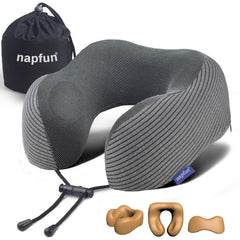 napfun Neck Pillow for Traveling, Upgraded Travel Neck Pillow for Airplane 100% Pure Memory Foam Travel Pillow for Flight Headrest Sleep, Portable Plane Accessories, Light Grey