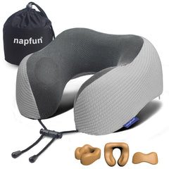 napfun Neck Pillow for Traveling, Upgraded Travel Neck Pillow for Airplane 100% Pure Memory Foam Travel Pillow for Flight Headrest Sleep, Portable Plane Accessories, Light Grey