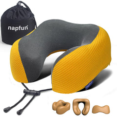 napfun Neck Pillow for Traveling, Upgraded Travel Neck Pillow for Airplane 100% Pure Memory Foam Travel Pillow for Flight Headrest Sleep, Portable Plane Accessories, Light Grey