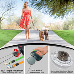 WIGZI - 2025 Enhanced Edition - Dual (2) Dog Retractable Leash, Auto-Untangles, Supports Up To 50lb Dogs, 10ft Distance Each Dog, Color-Coded Control, Reflective Leads, Waterproof, Gray Color
