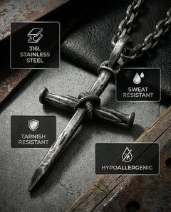 Nail Cross Necklace for Men - Hypoallergenic 316L Stainless Steel Cross Pendant, Vintage Silver/Gold/Black Tone, Christian Faith Gift