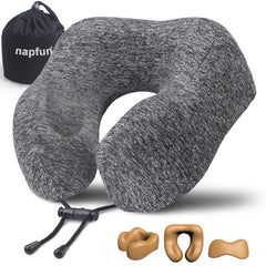 napfun Neck Pillow for Traveling, Upgraded Travel Neck Pillow for Airplane 100% Pure Memory Foam Travel Pillow for Flight Headrest Sleep, Portable Plane Accessories, Light Grey