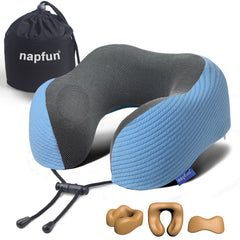 napfun Neck Pillow for Traveling, Upgraded Travel Neck Pillow for Airplane 100% Pure Memory Foam Travel Pillow for Flight Headrest Sleep, Portable Plane Accessories, Light Grey