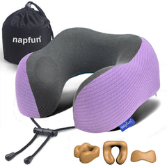 napfun Neck Pillow for Traveling, Upgraded Travel Neck Pillow for Airplane 100% Pure Memory Foam Travel Pillow for Flight Headrest Sleep, Portable Plane Accessories, Light Grey